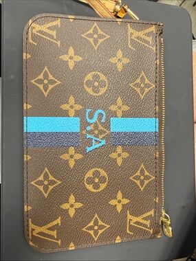 Louis Vuitton Brown Monogram Clutch with Blue Stripe and Initials